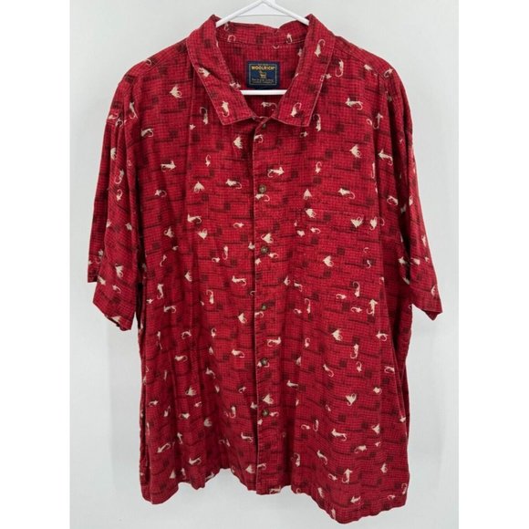 Woolrich Red  Button-Front S/S Shirt Fishing Flies Hooks Lures Mens XXL - Picture 1 of 4